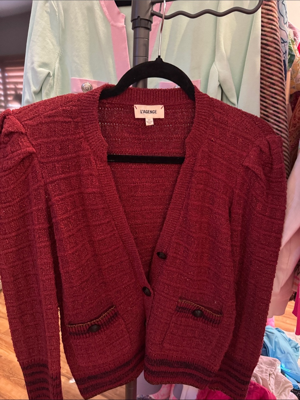 L'AGENCE Wine Red Textured Knit Blazer Cardigan
